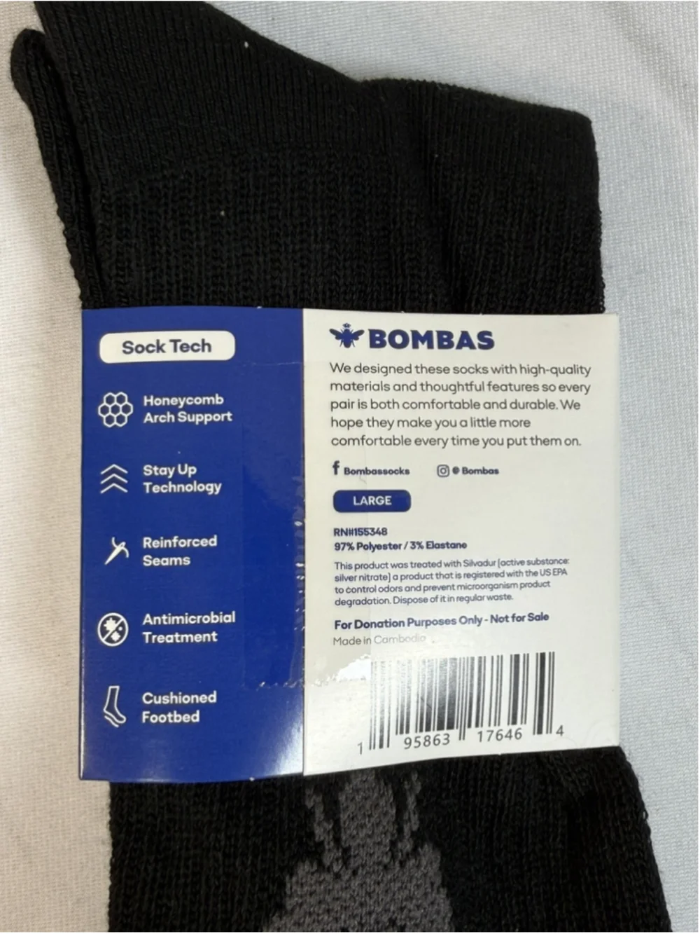 1 Pk Bombas Antimicrobial Black Calf Crew Sock Unisex Large Adult Honeycomb